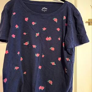 J. Crew Women's Navy T-Shirt with Pink Floral Pattern